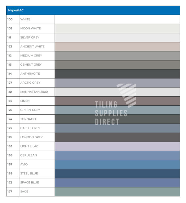 Mapei Mapesil AC Silicone Sealant Colour Chart