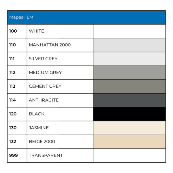 Mapei Mapesil LM Silicone Sealant - Colour Chart