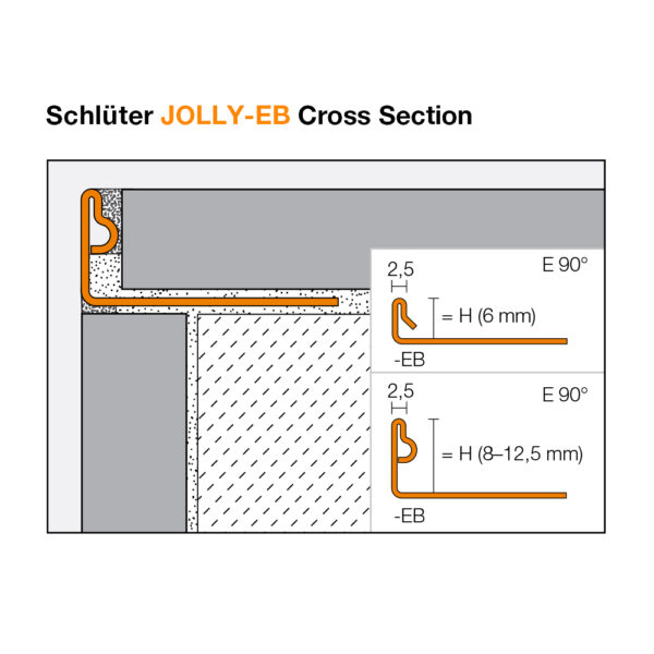 Schluter JOLLY EB Brushed Stainless Steel Tile Trim - Cross Section